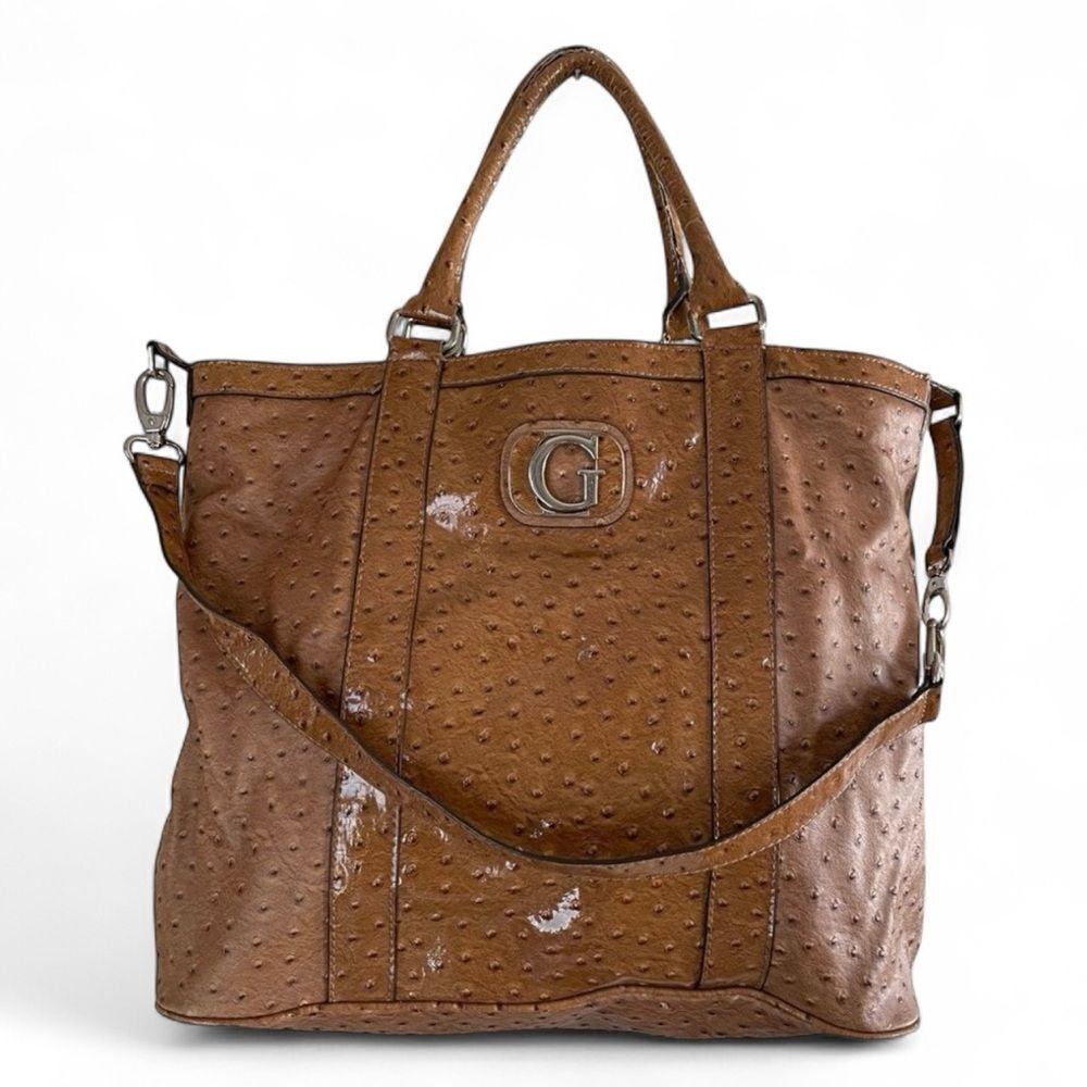 Vintage Y2K Guess Ostrich Pebbled Faux Leather Handbag Purse Tan
